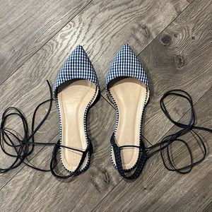 J. Crew Pointy Toe Gingham Sling Back Lace Up Flats | Leather and Fabric